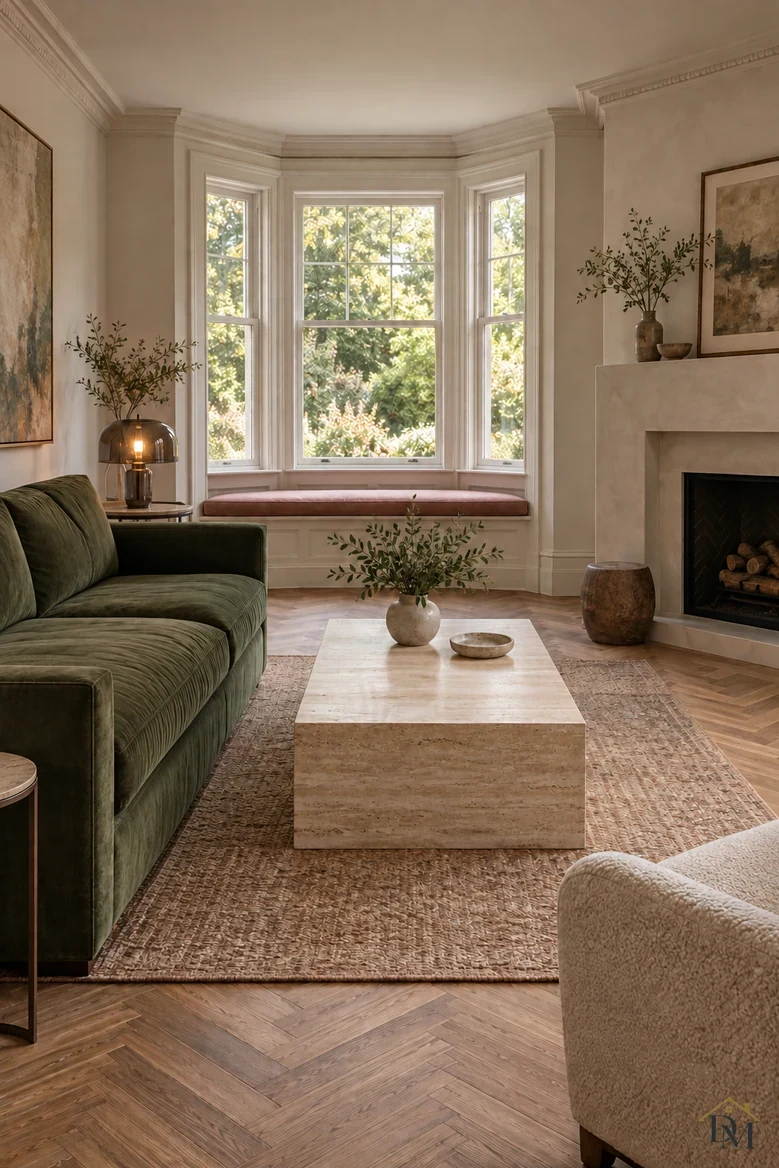 View B: the throw put away and the travertine table holding just the plant and bowl.