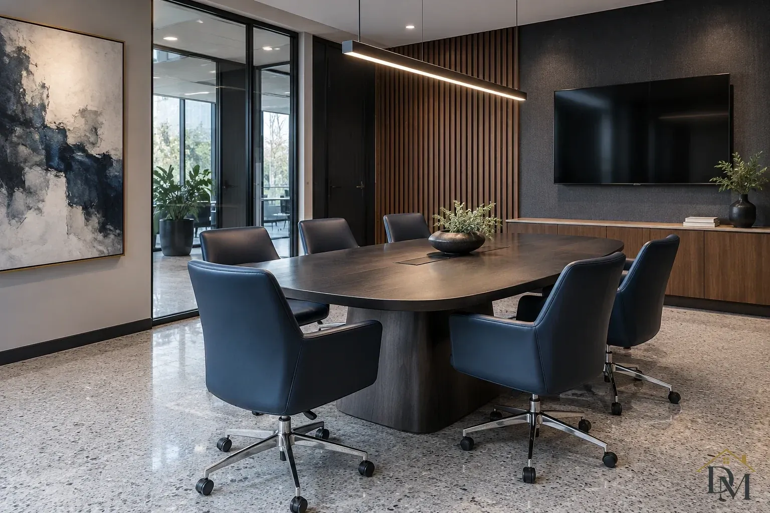 Dark oval conference table with blue rolling chairs, a long pendant, wall-mounted screen and wood slat wall beside glass partitions.