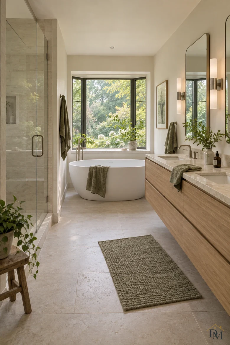 Before: a green towel slung over the tub edge and another bunched on the counter.