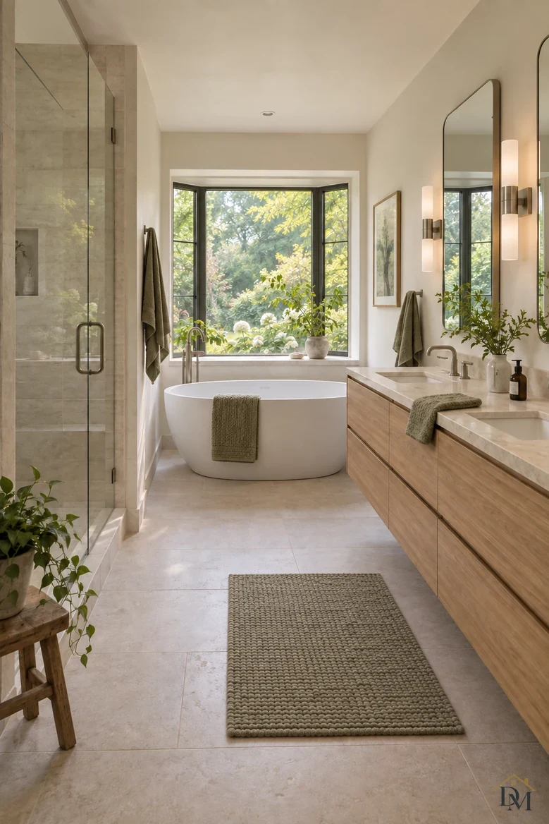 After: towels folded on the tub and counter, the green mat squared.
