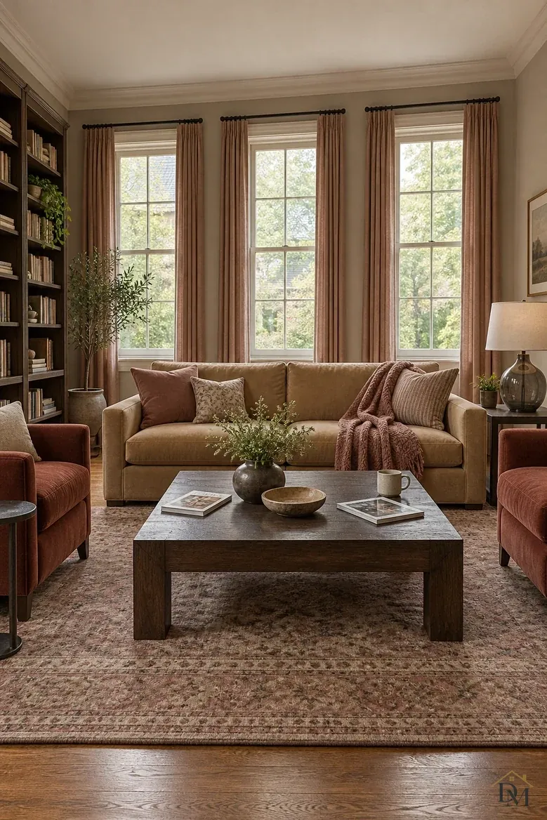 Before: a mug, magazines and a rust throw spread over the coffee table and tan sofa.