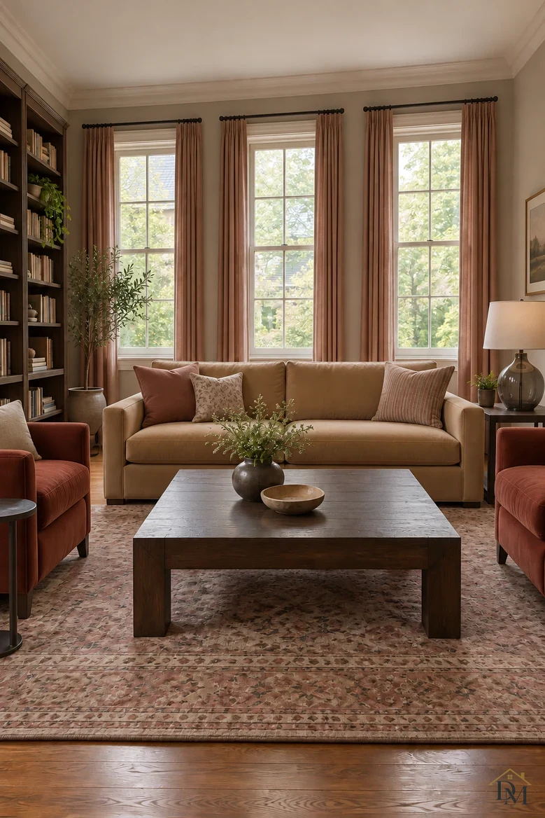 After: the coffee table holds just the vase and wooden bowl, throw put away.