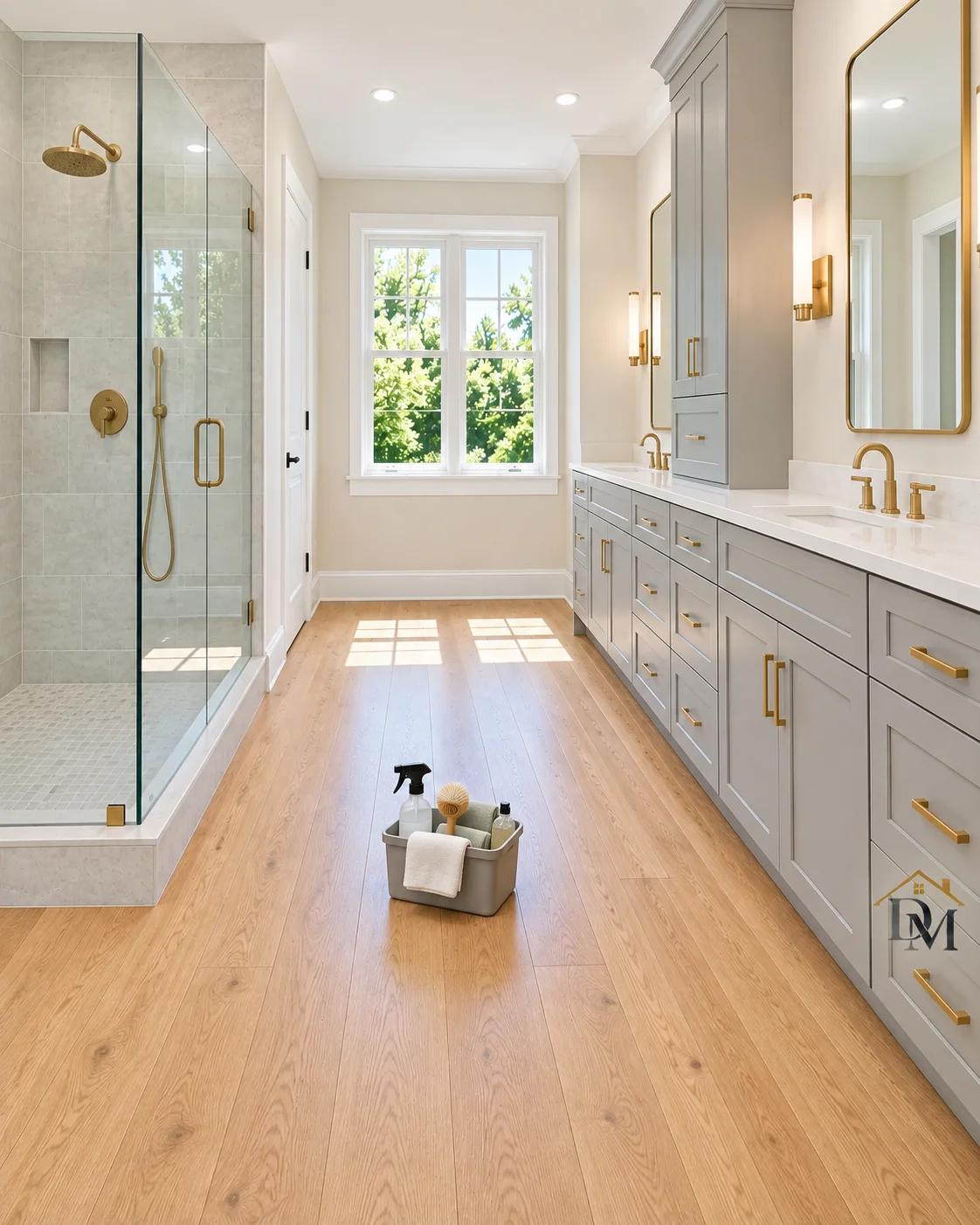 Before move-in: caddy on the floor beside the long gray vanity.