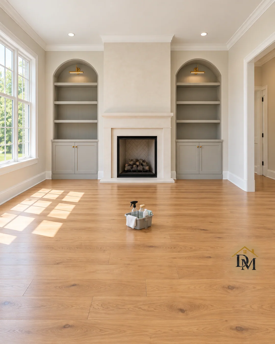 Before move-in: our supply caddy on the oak floor by the fireplace.