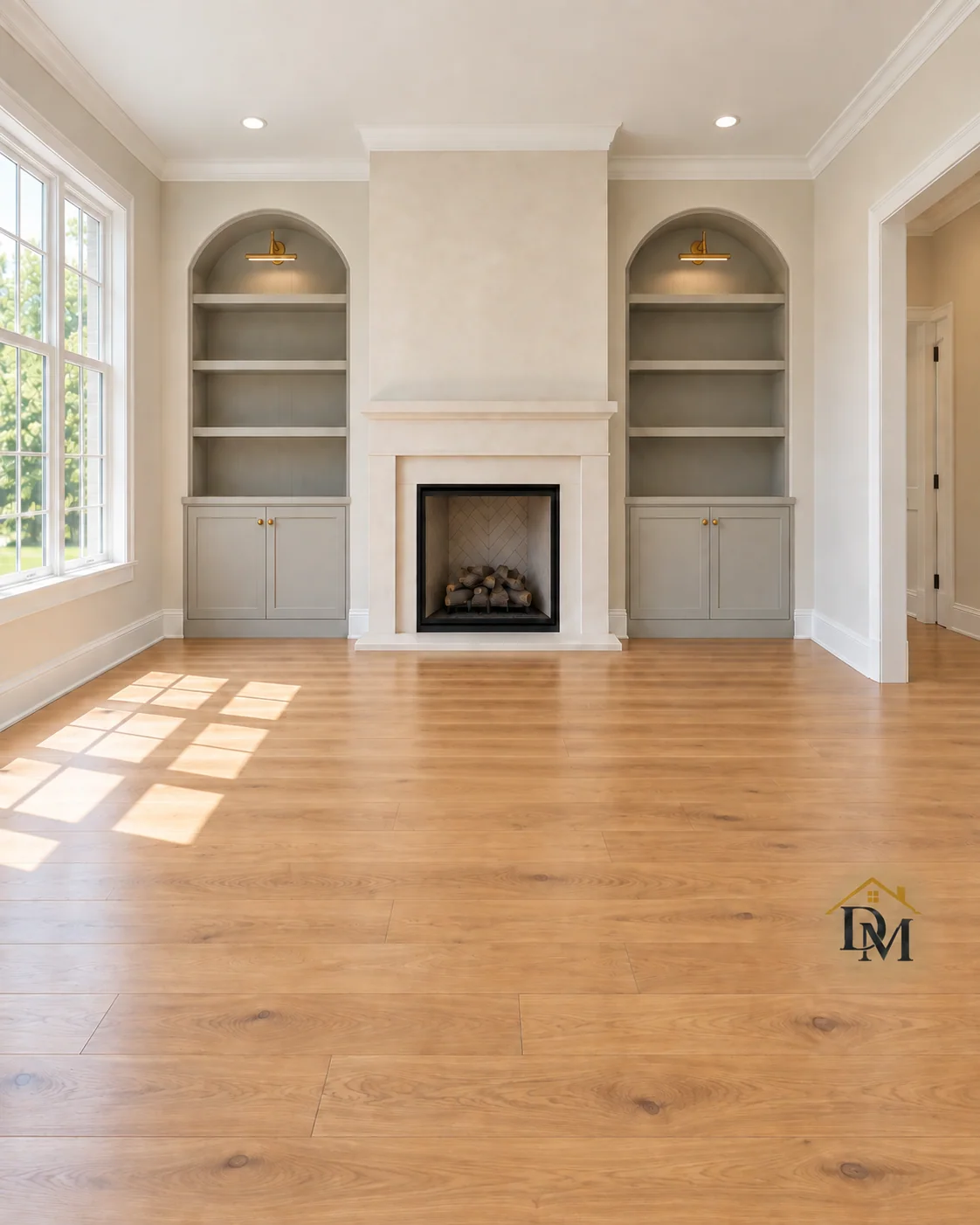 Ready for furniture: caddy gone, floor bare before the arched niches.