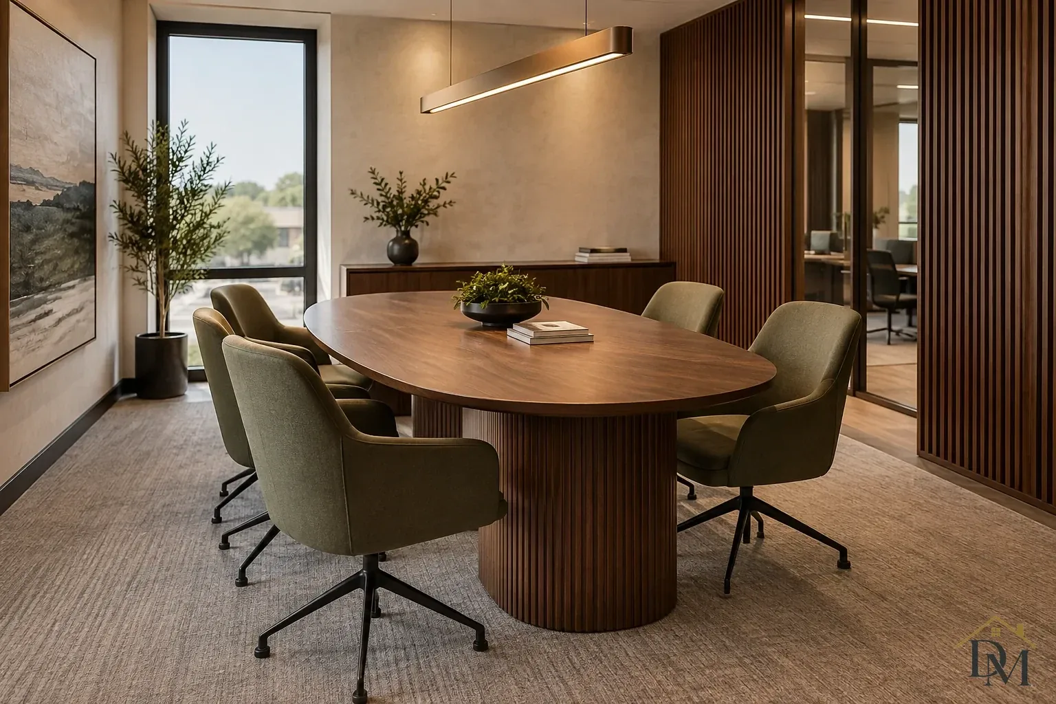Oval wood conference table with green swivel chairs, a long brass-colored pendant, wood slat walls and a tall window.