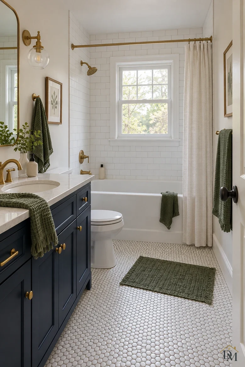 View A: a green towel hanging over the vanity edge and another on the tub rim.