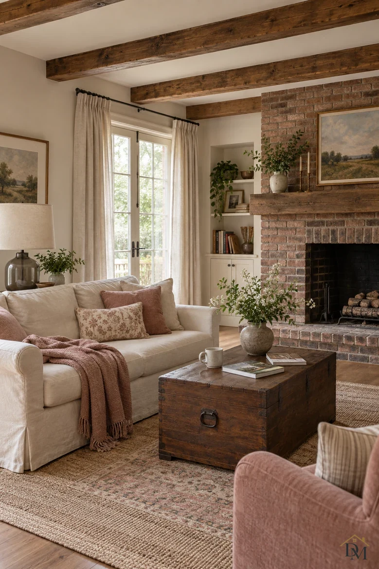 View A: a pink throw over the sofa arm and a mug and books on the wooden trunk.