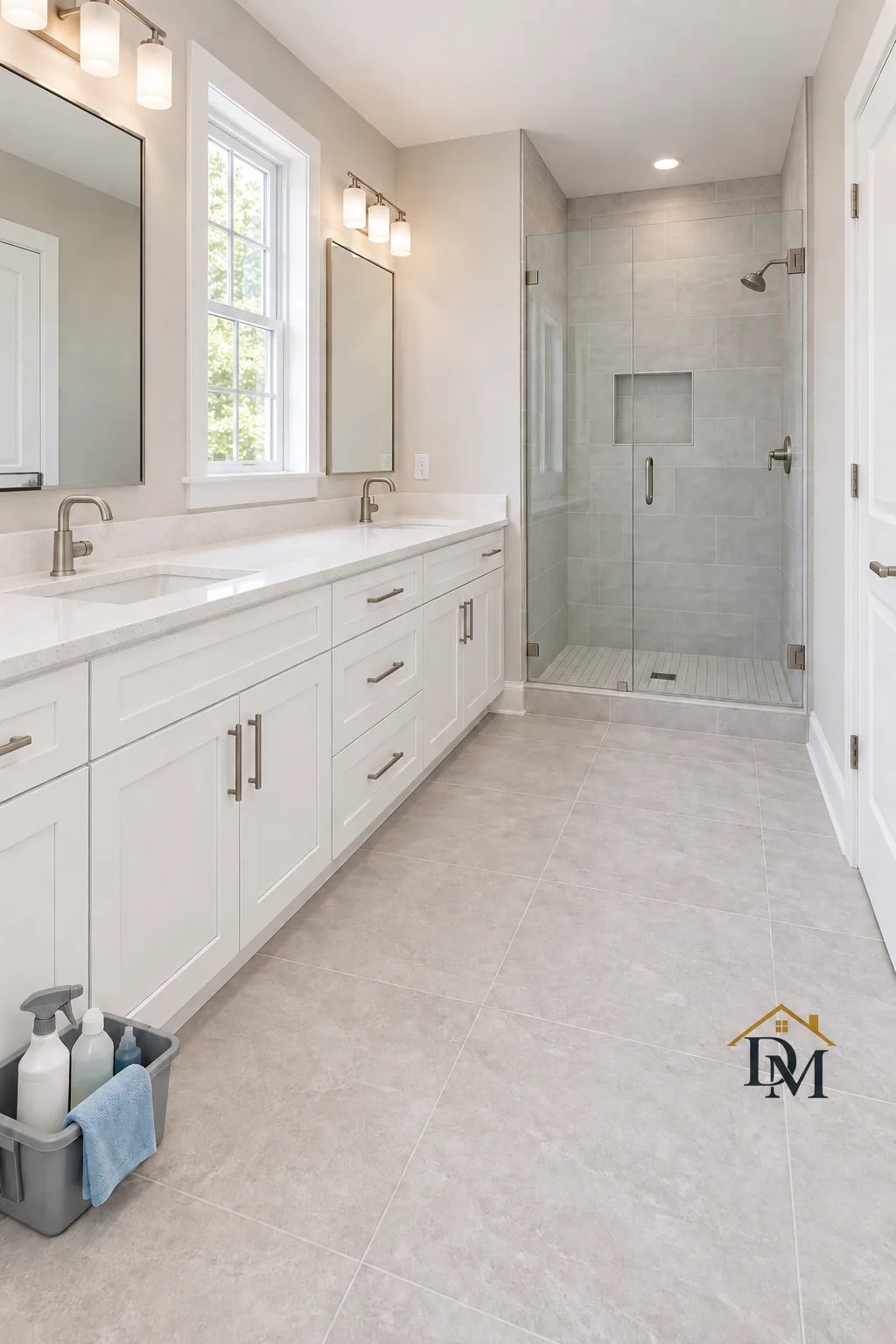 Before move-in: caddy on the tile beside the double vanity.