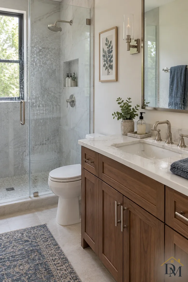 Guest bath view A after checkout: towels draped over the vanity and tub.