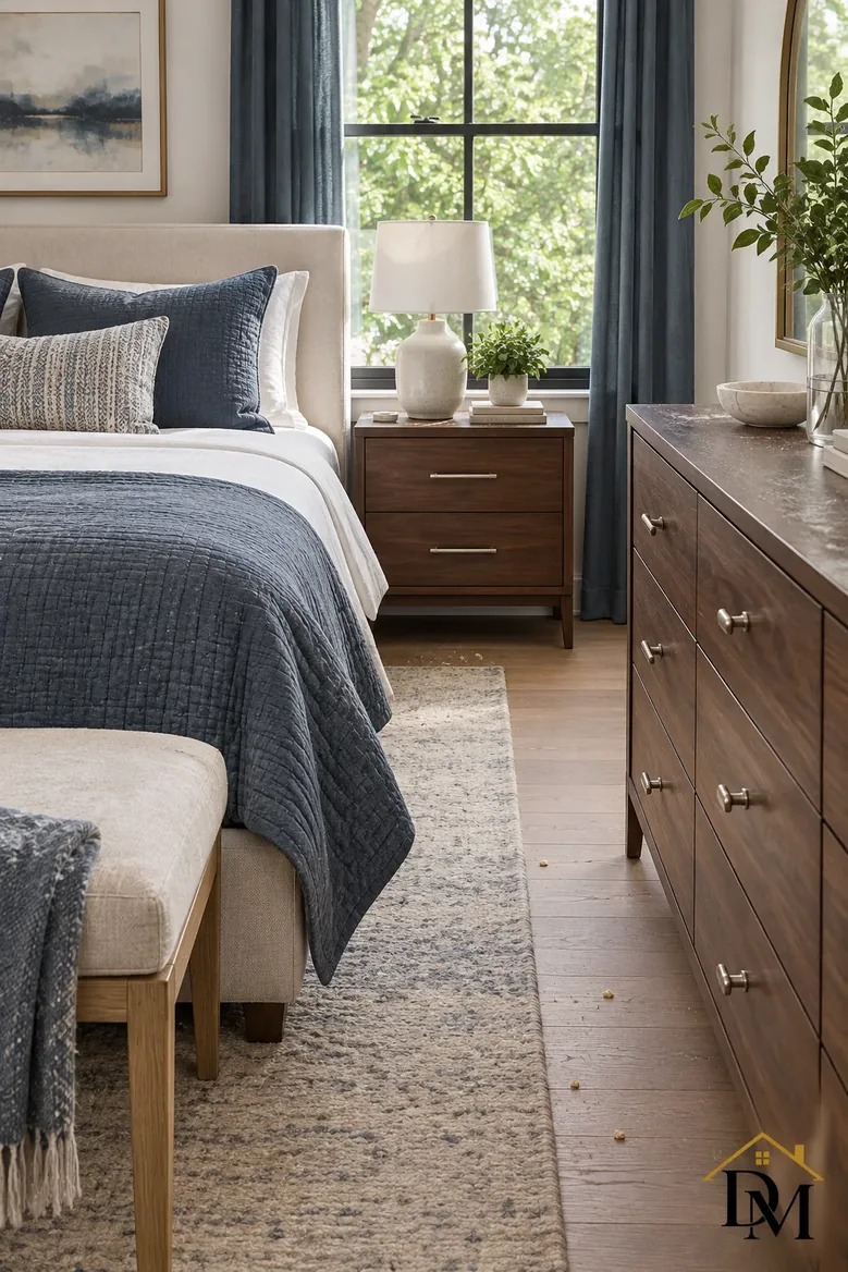 View A after checkout: a throw left on the sofa and books on the round table.