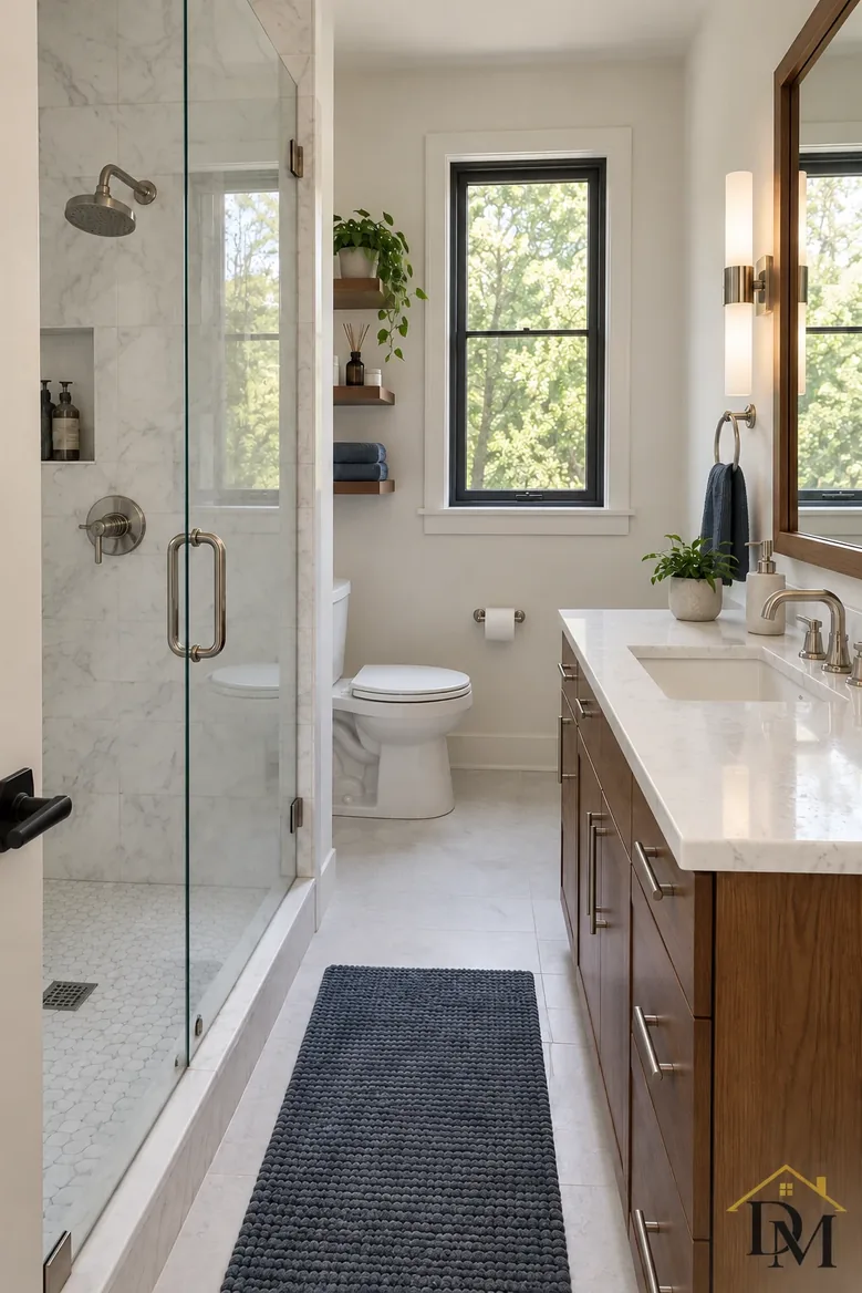 Unit bath view B: towels folded and mat straight.