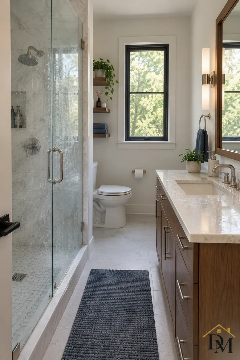 Unit bath view A: towels draped over the vanity and tub edge.