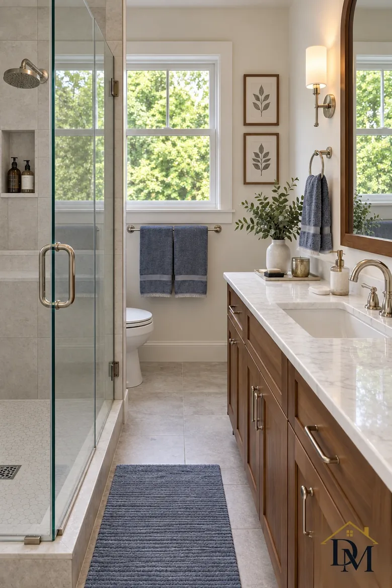 Bath view B: vanity and tub edge clear, glass in full view.