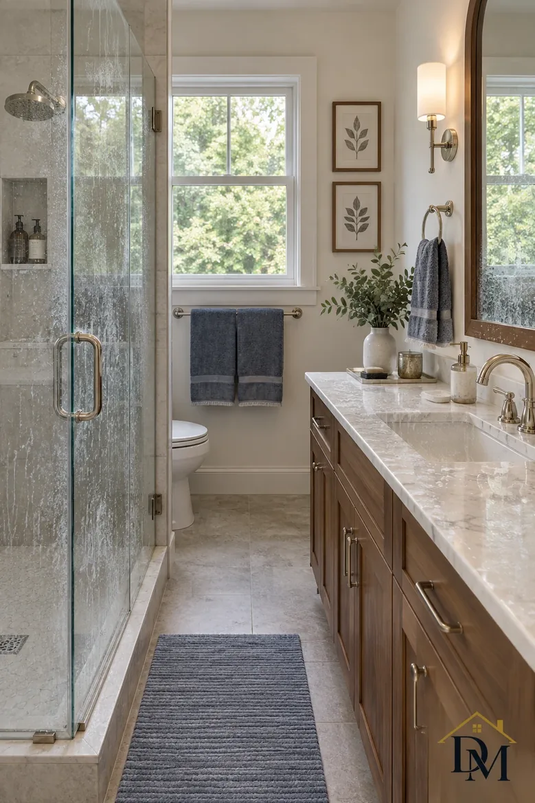Bath view A: vanity and tub edge covered by towels.