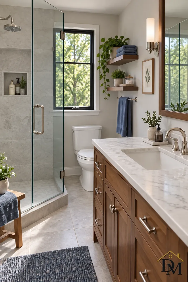 Bath view B, towels folded beside the basin.