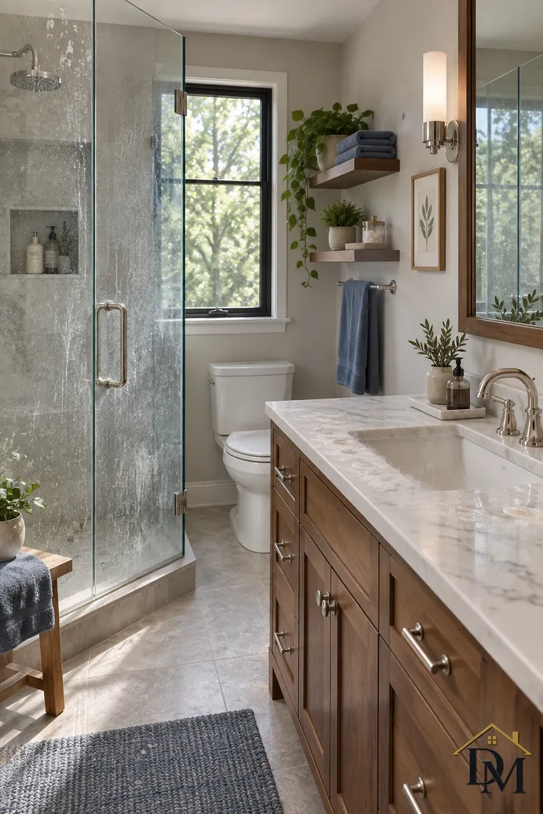 Bath view A with towels over the vanity and tub.