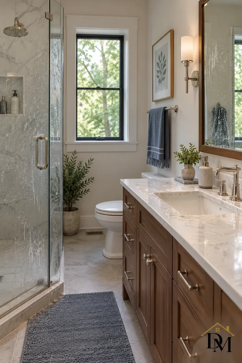 Between visits, bath view A: towels draped over the vanity.