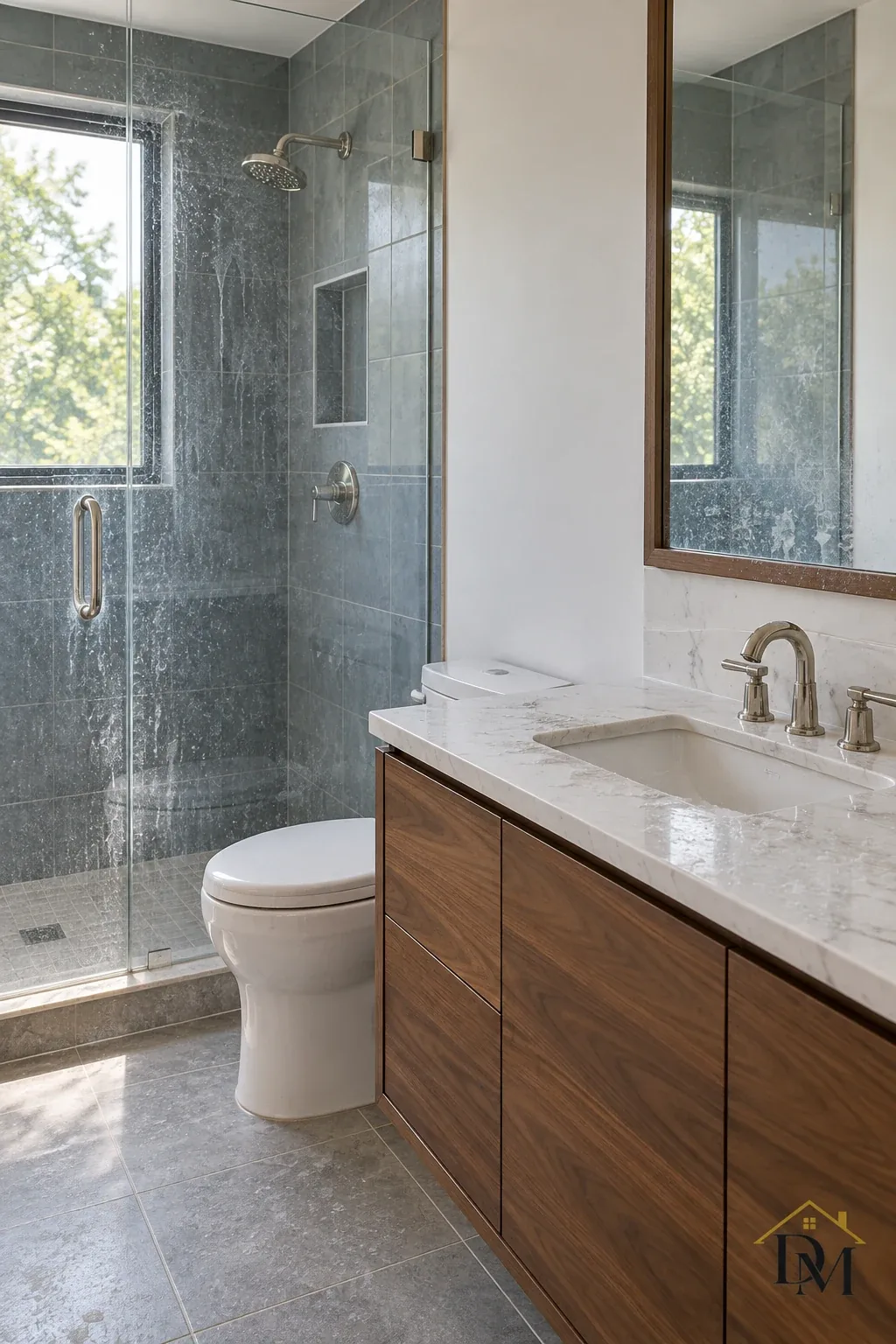 View A of an empty bath with a floating wood vanity and glass shower.
