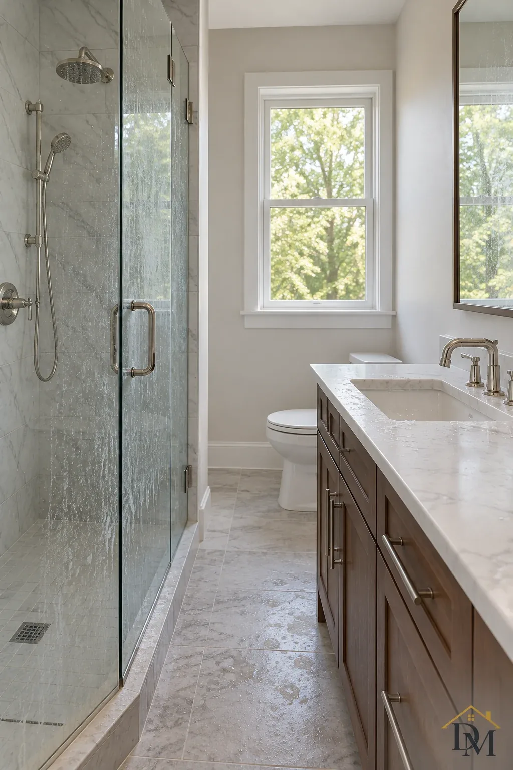 View A of the emptied bath with its floating vanity and glass shower.
