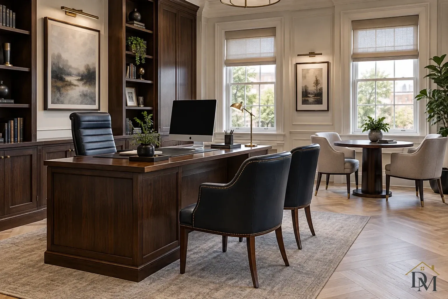 Large desk with a monitor, visitor chairs and a separate seating area.