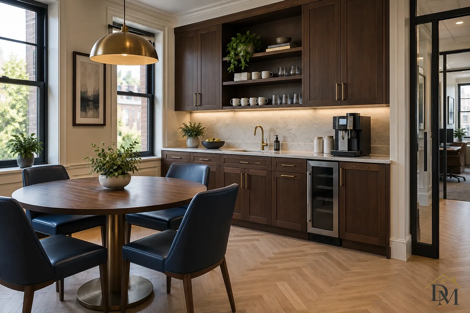 Kitchenette with cabinets, a sink, coffee equipment and a round dining table.