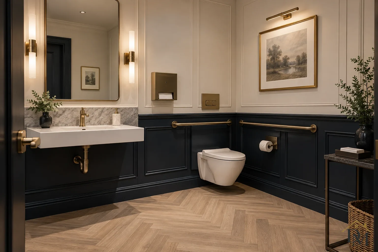 Washroom with a wall-mounted toilet, sink, mirror and grab bars.
