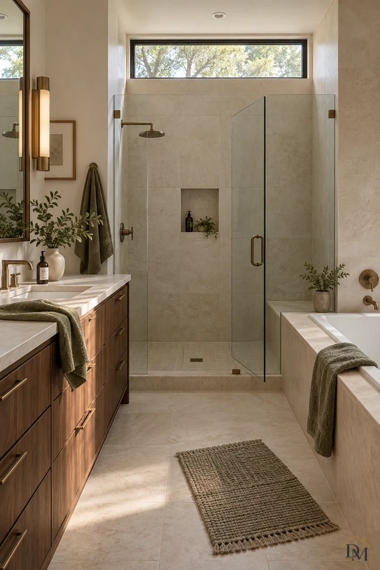 Bathroom view A: green towels draped over the vanity and tub edge.