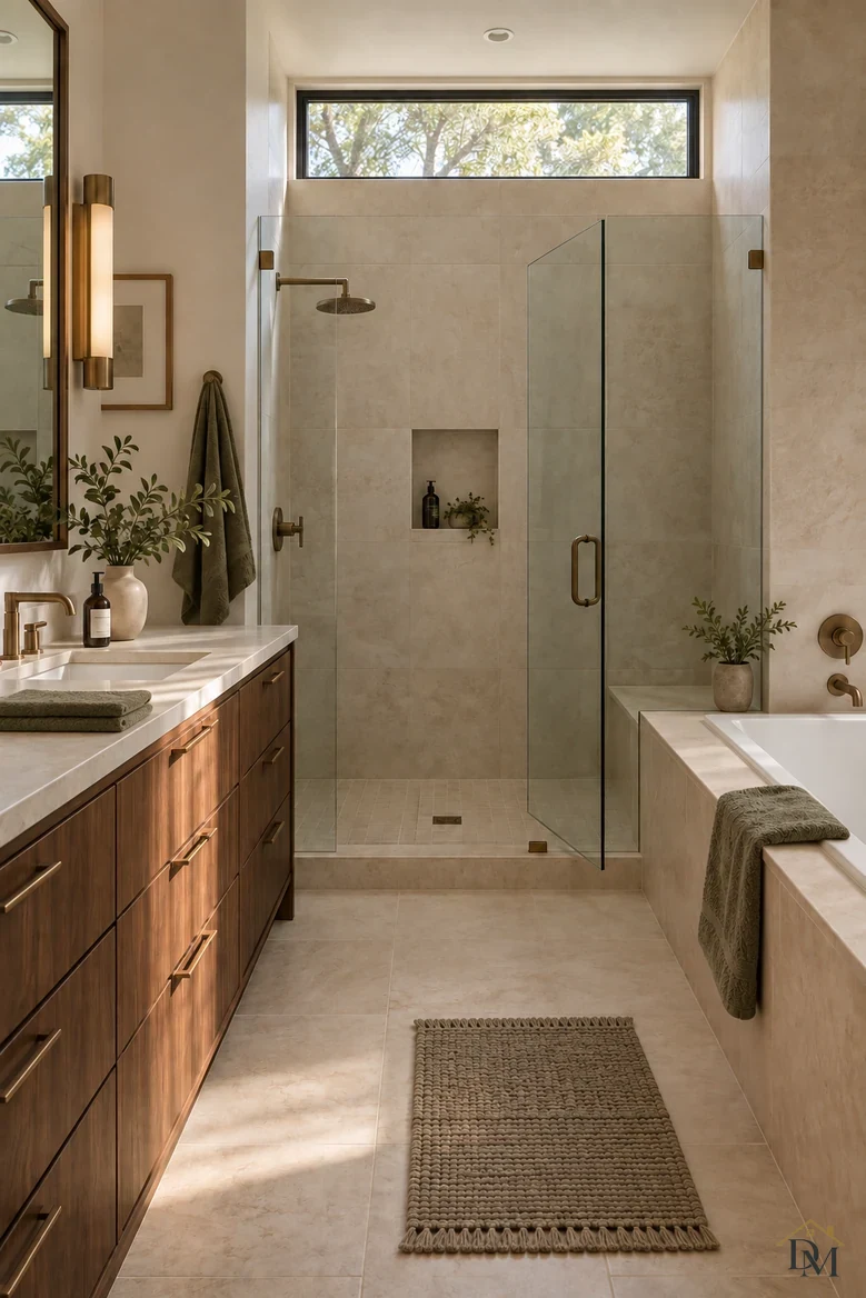 Bathroom view B: the same bath with the towels folded and the mat set straight.