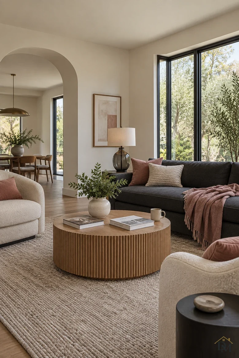 Living room view A: a pink throw over the sofa and books with a mug on the round table.