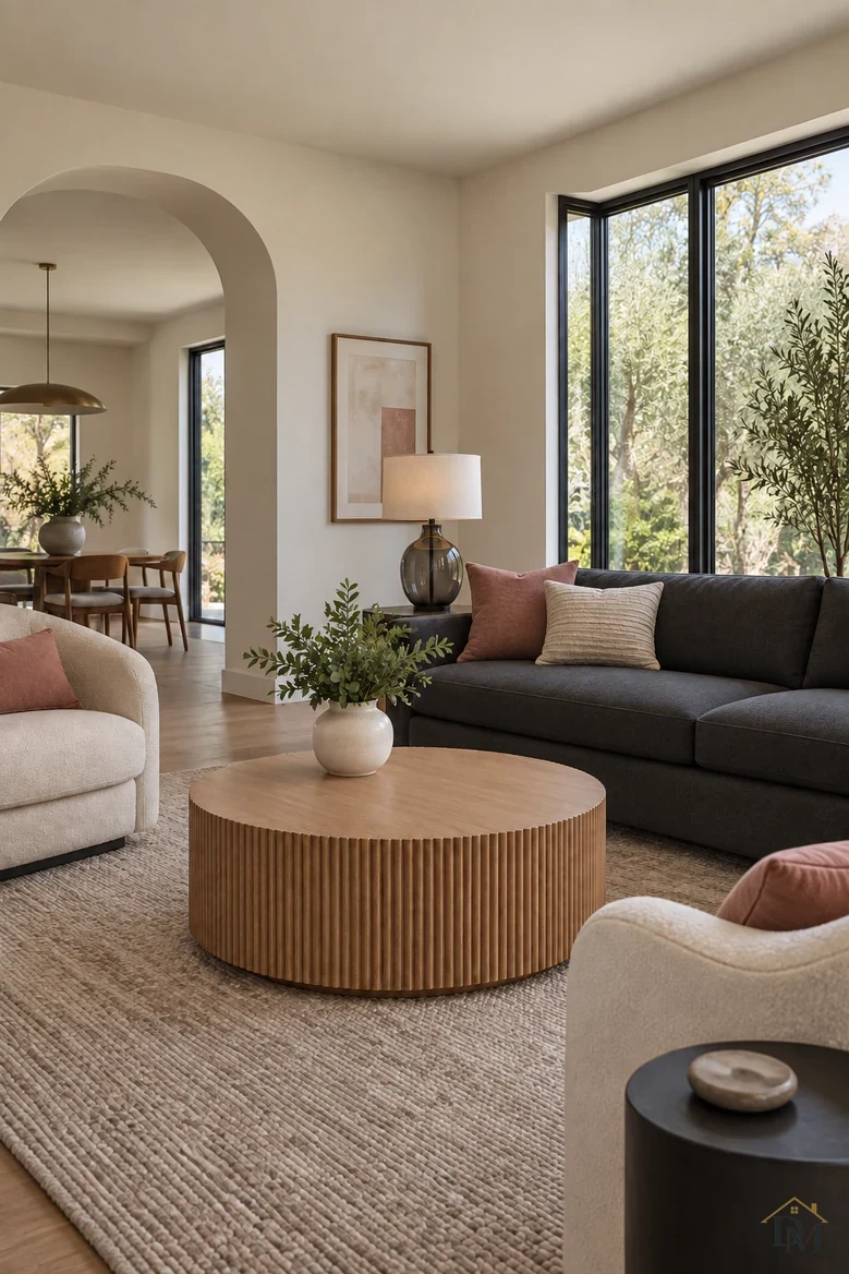 Living room view B: the same room with the throw put away and the round table cleared.