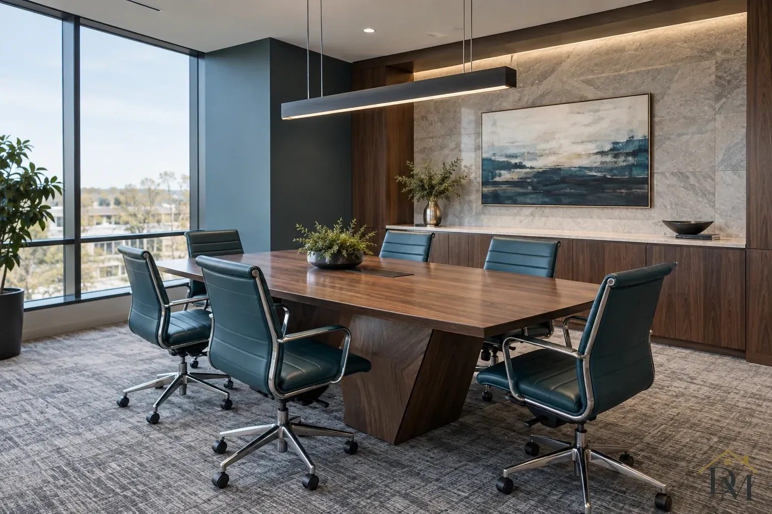 Wood conference table with teal rolling chairs, a long dark pendant, abstract landscape artwork and broad windows.