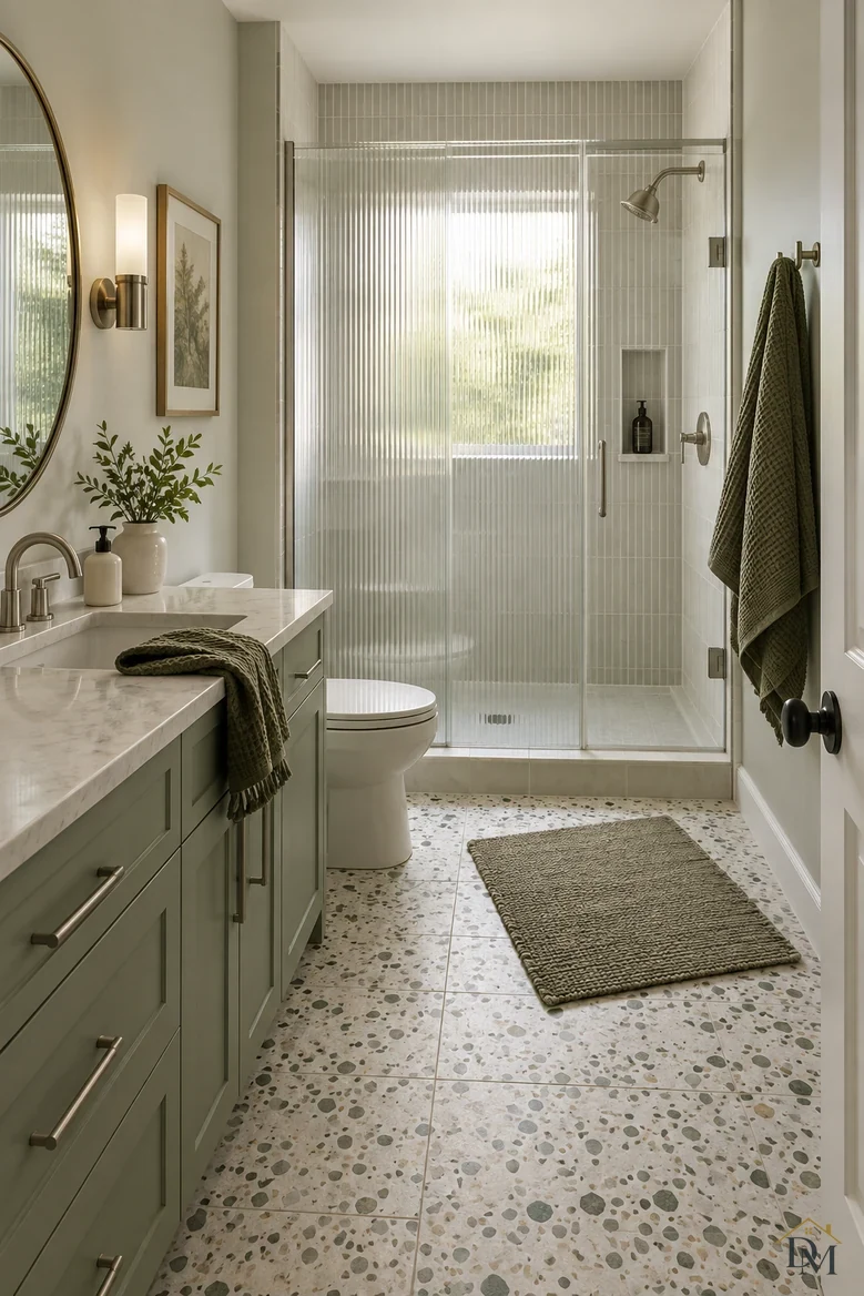 View A: a green towel hanging over the sage vanity edge above the terrazzo floor.