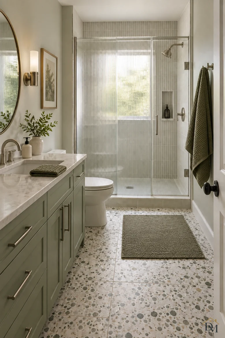 View B: the green towel folded on the counter and the vanity front clear.