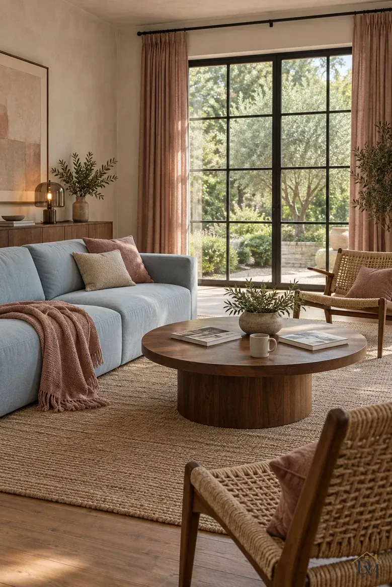 View A: a rose throw over the pale blue sofa, with books and a mug on the round wood table.