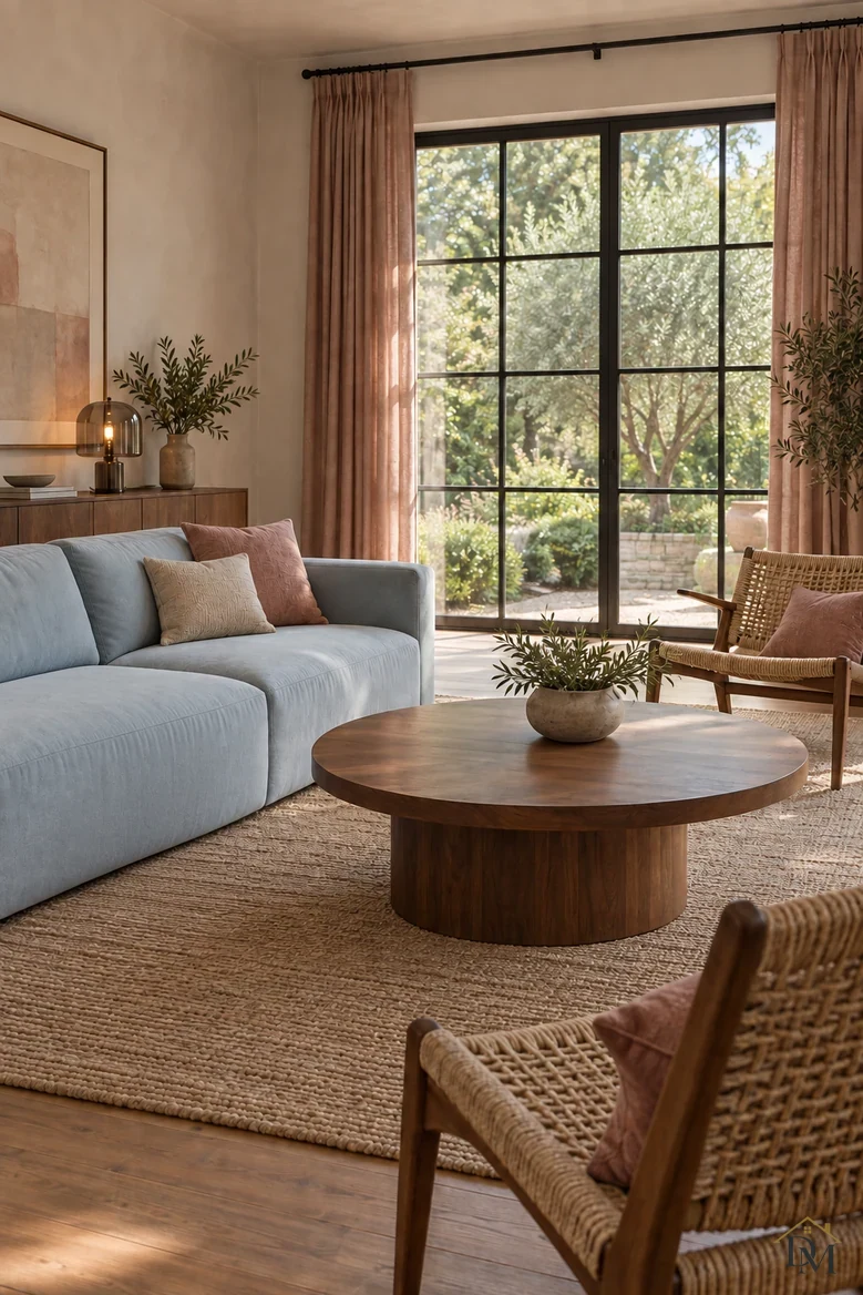 View B: the throw put away and the round table holding only the potted olive branch.