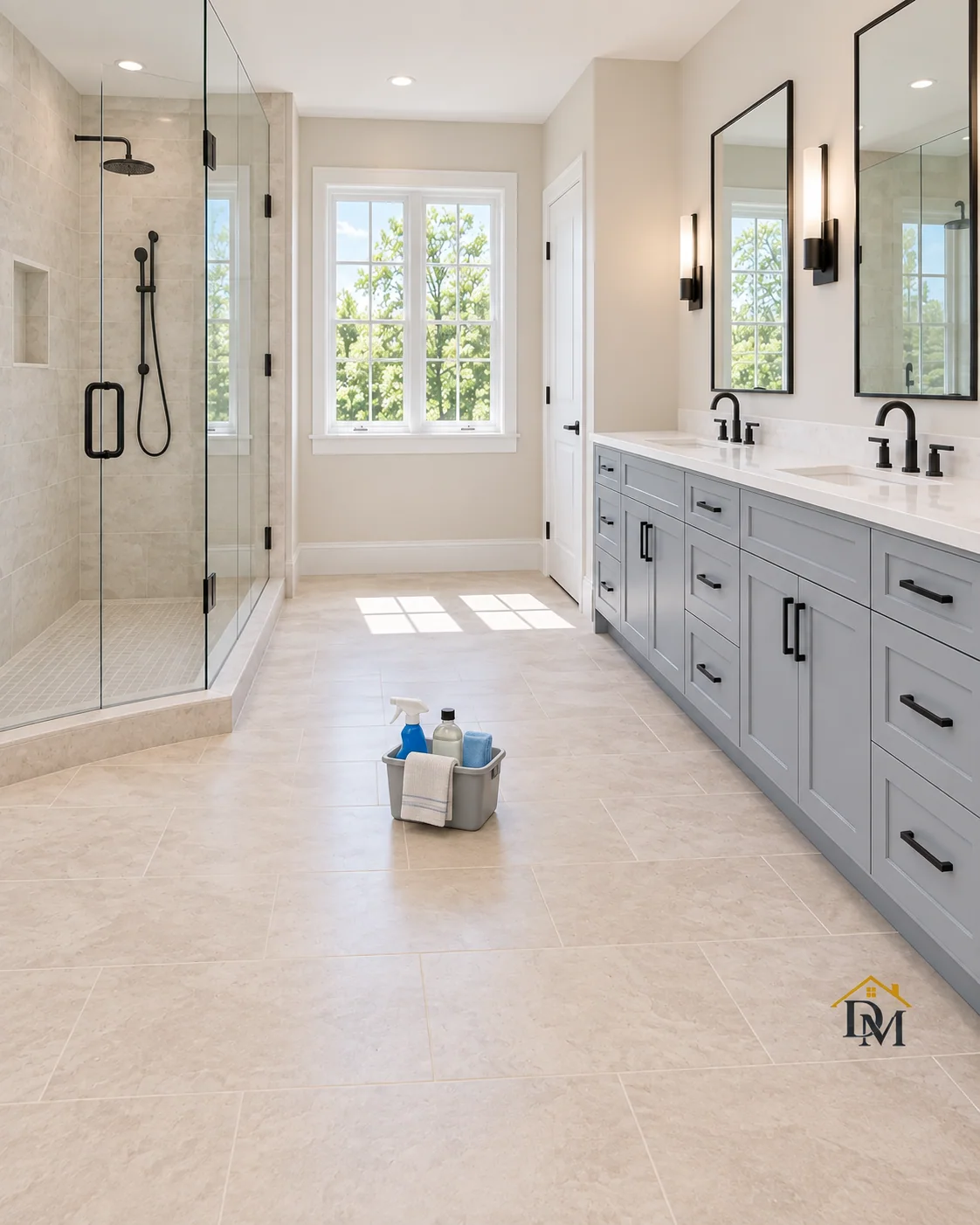 Before move-in: the caddy on the tile between the corner shower and gray vanity.
