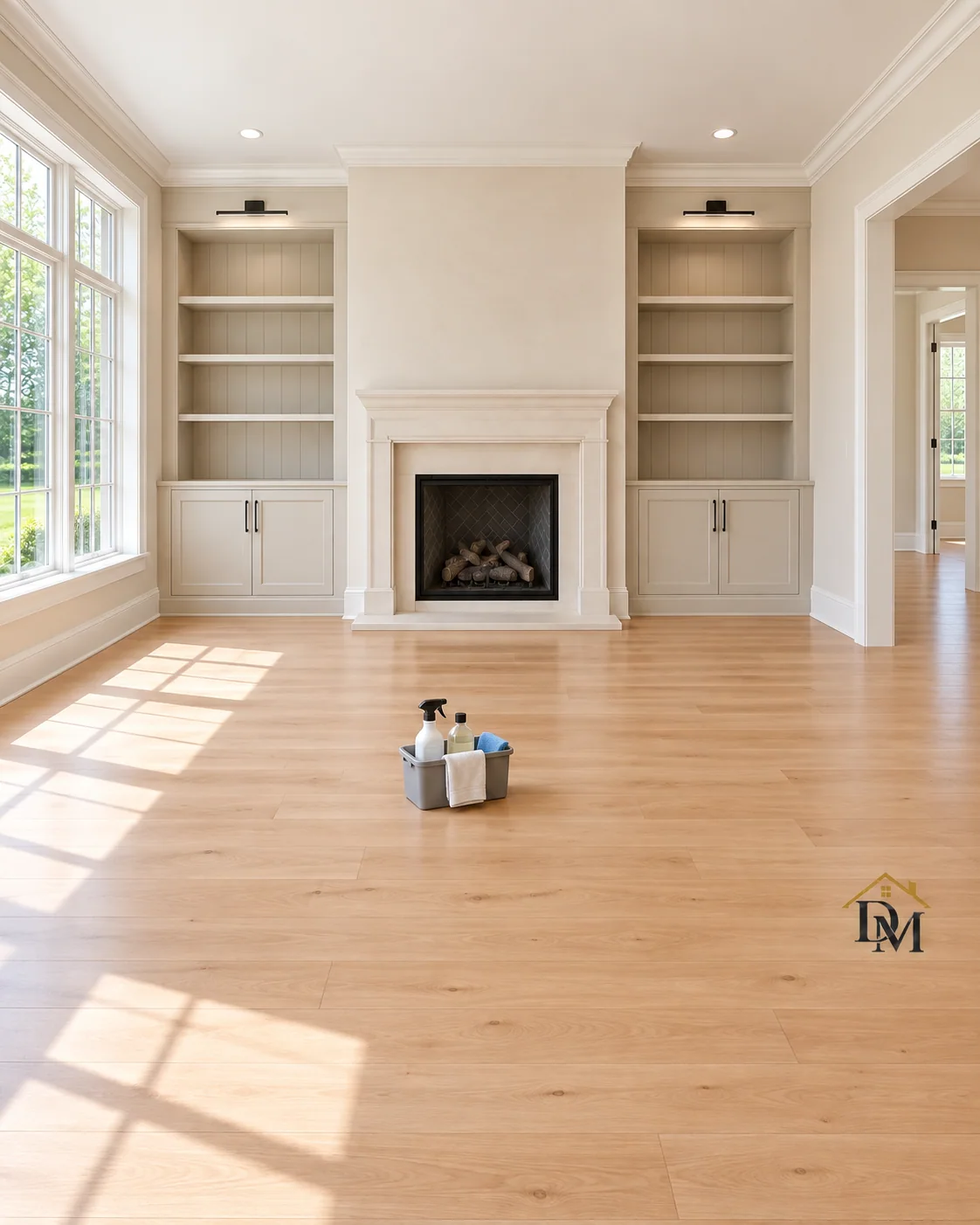 Before move-in: our supply caddy on the bare wood floor in front of the fireplace.