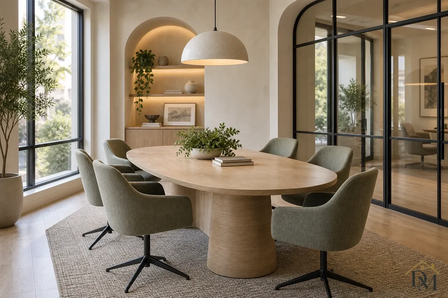 Pale oval wood meeting table with green swivel chairs, a dome pendant, arched shelves and a black-framed glass partition.