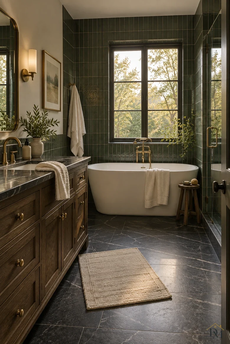 View A: a white towel hanging over the edge of the dark stone counter.