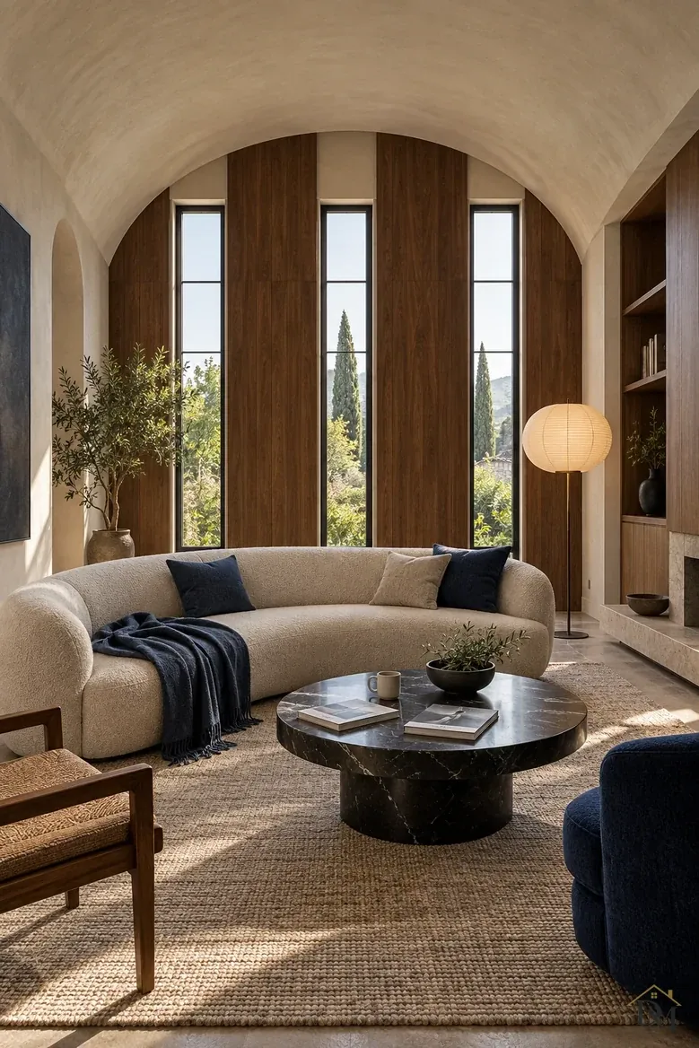 View A: a navy throw across the curved cream sofa and a mug and two books on the black marble table.