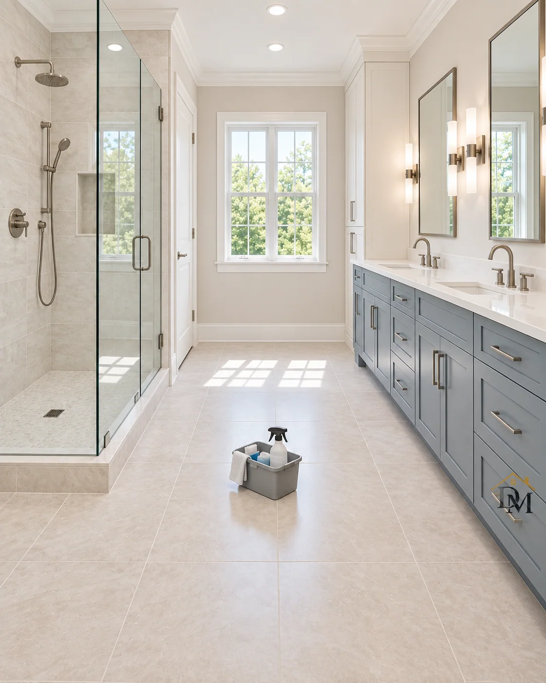 Before move-in: a caddy on the pale tile near the blue-gray cabinets.