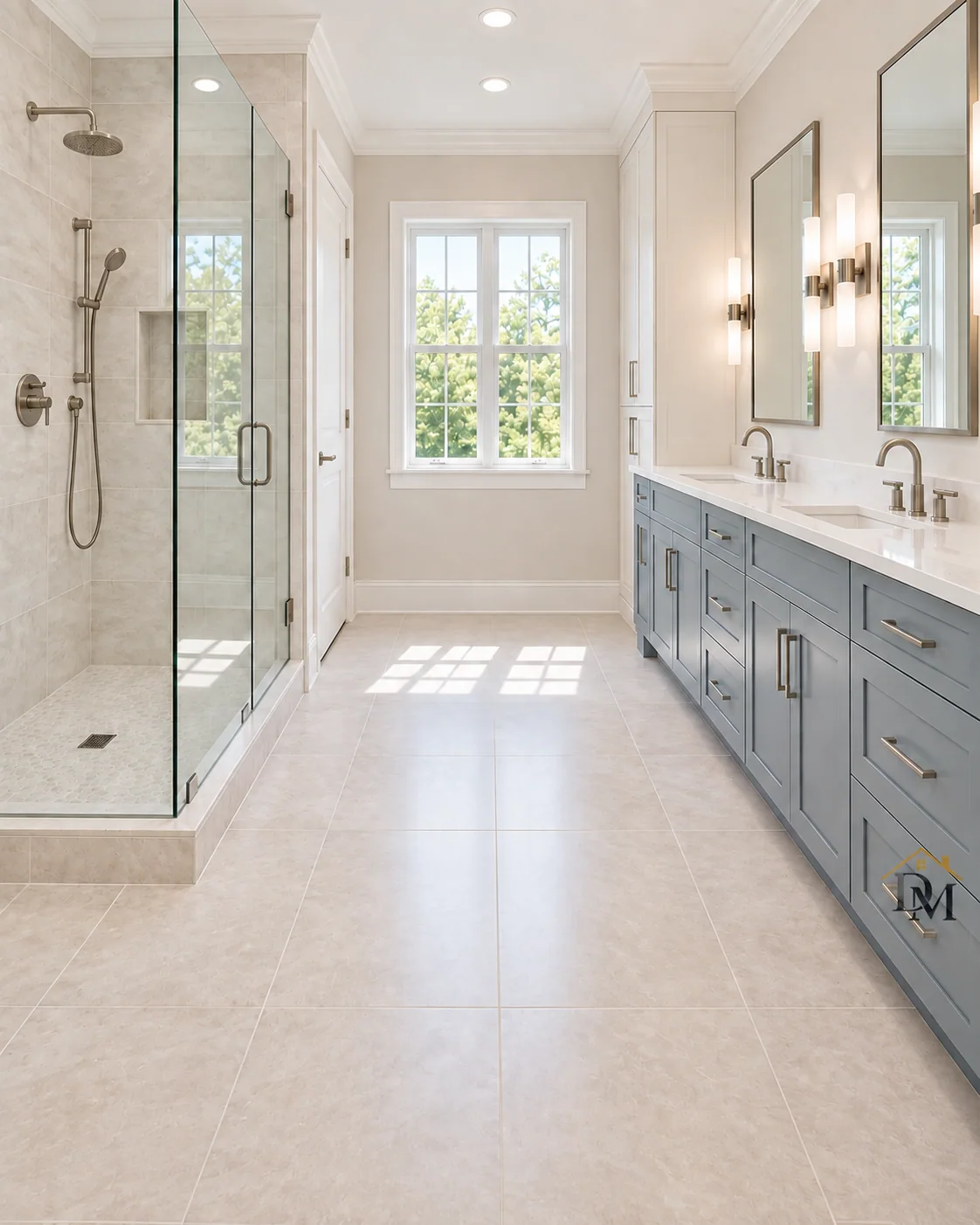 Ready for move-in: tile clear from the glass shower to the blue-gray vanity.