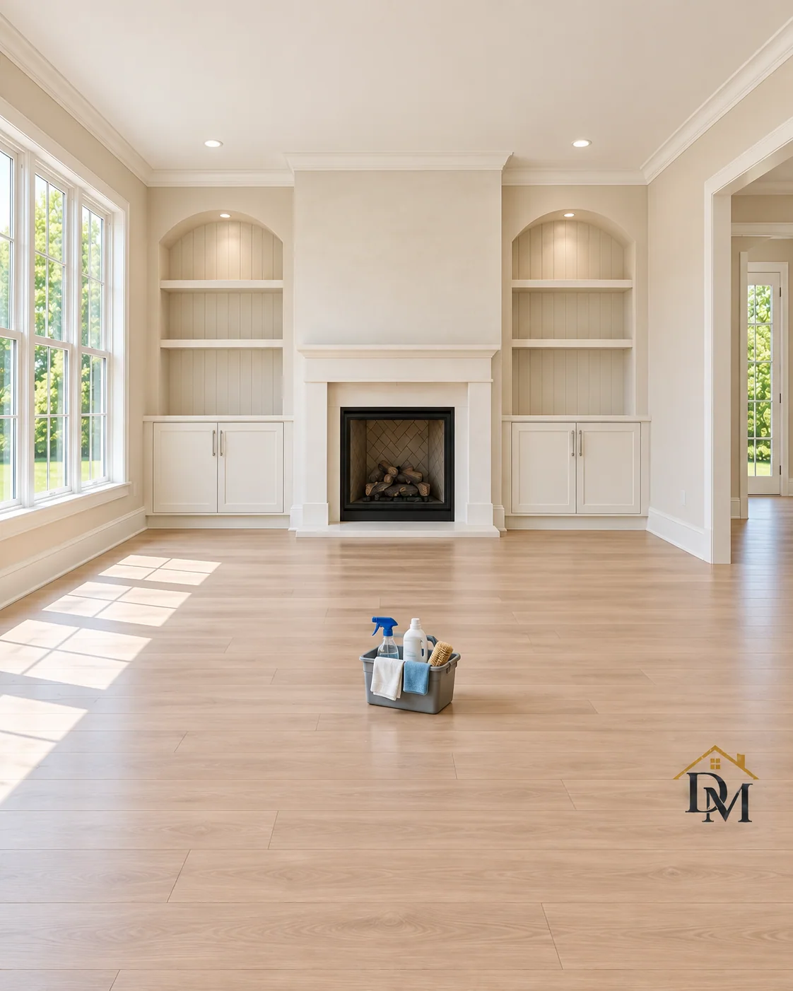 Before move-in: a supply caddy on the light plank floor in front of the fireplace.