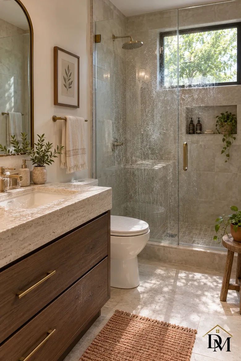 At checkout: a white towel slung over the light oak vanity by the black taps.