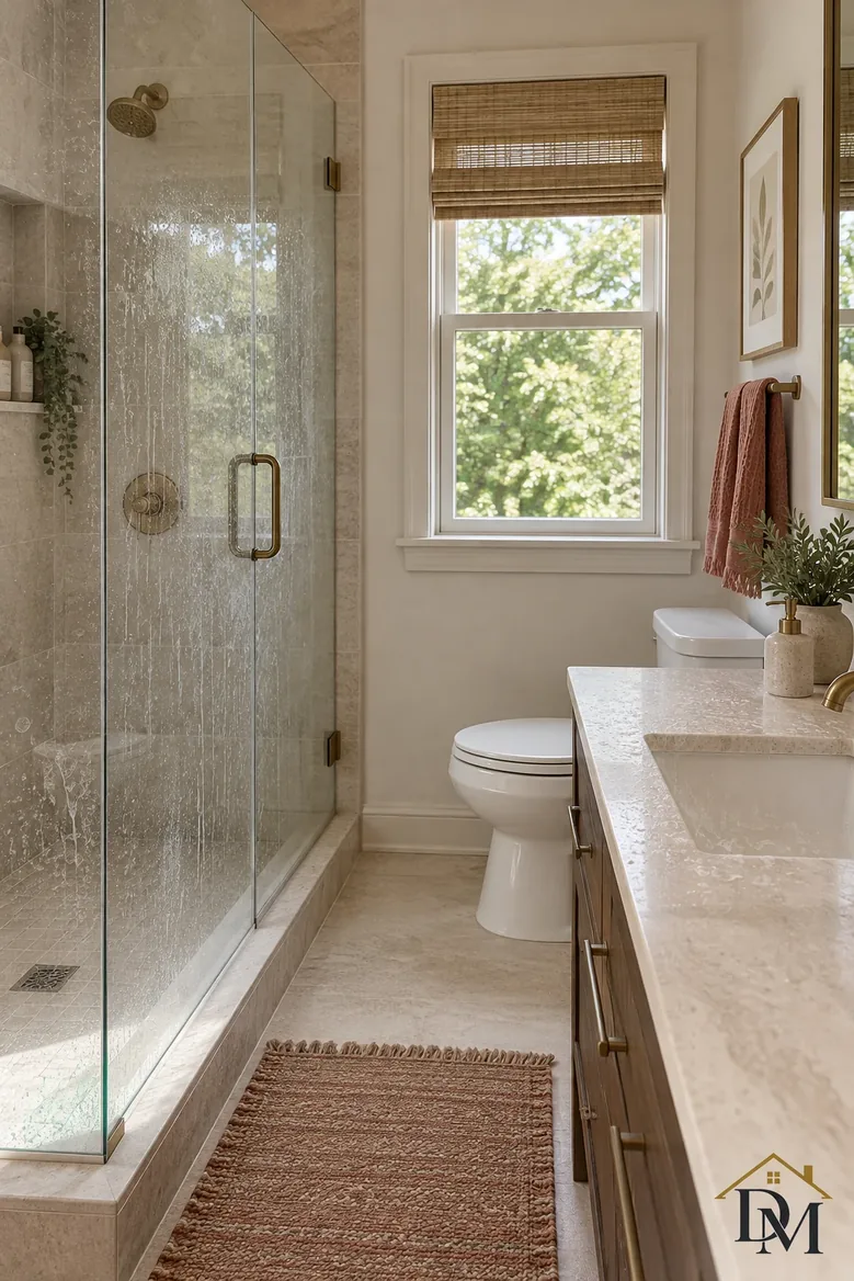 Before: a towel hangs off the oak vanity.