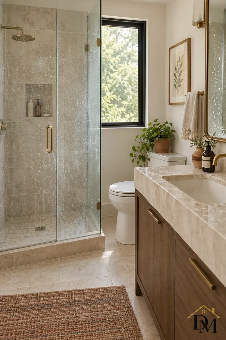 A draped towel hides the oak vanity edge that needs work.