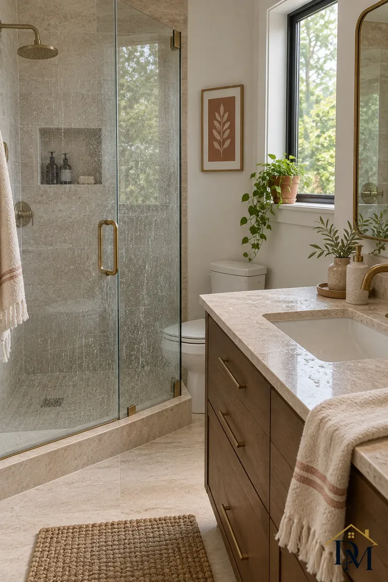 Before: a white towel over the oak vanity.