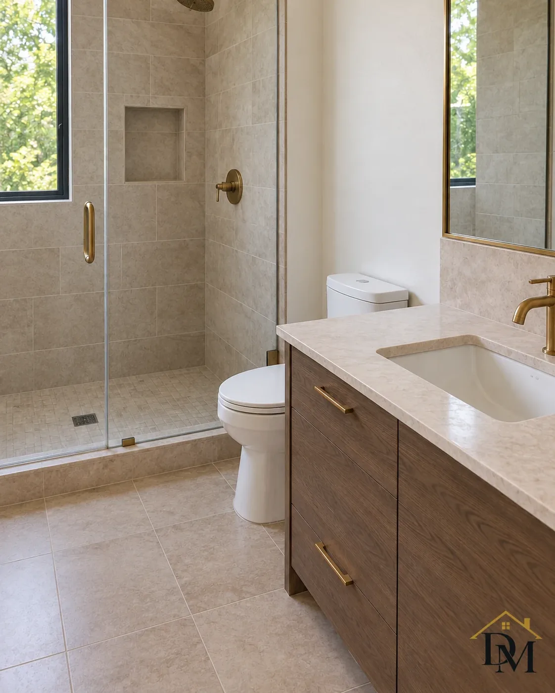 Ready for your towels: the floor by the sage vanity is empty.