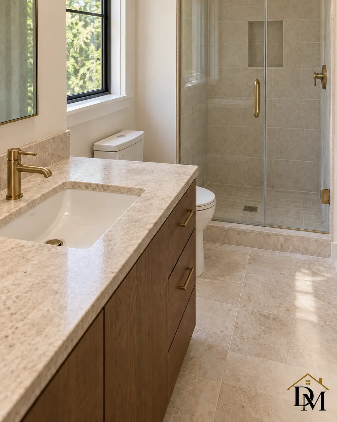 At key return: nothing left by the glass shower or sage vanity.